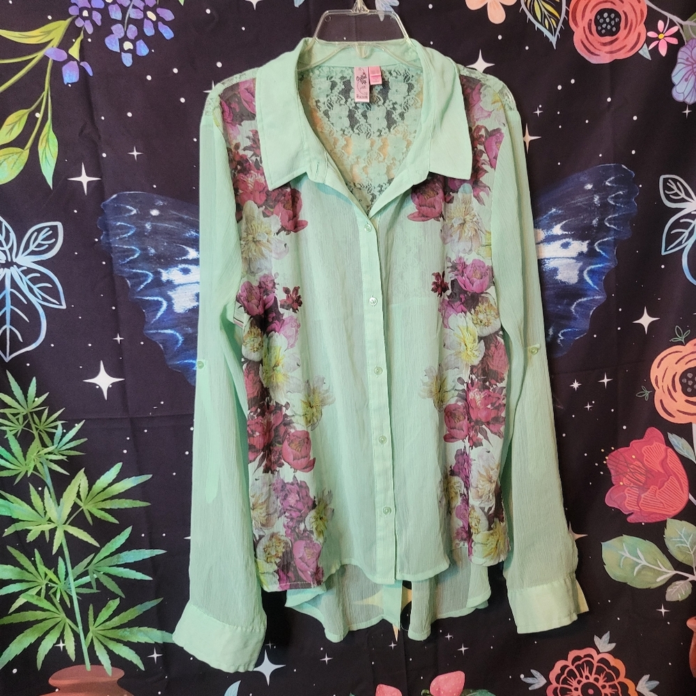 Pastel Mint Green See-Through Blouse Floral and Lace